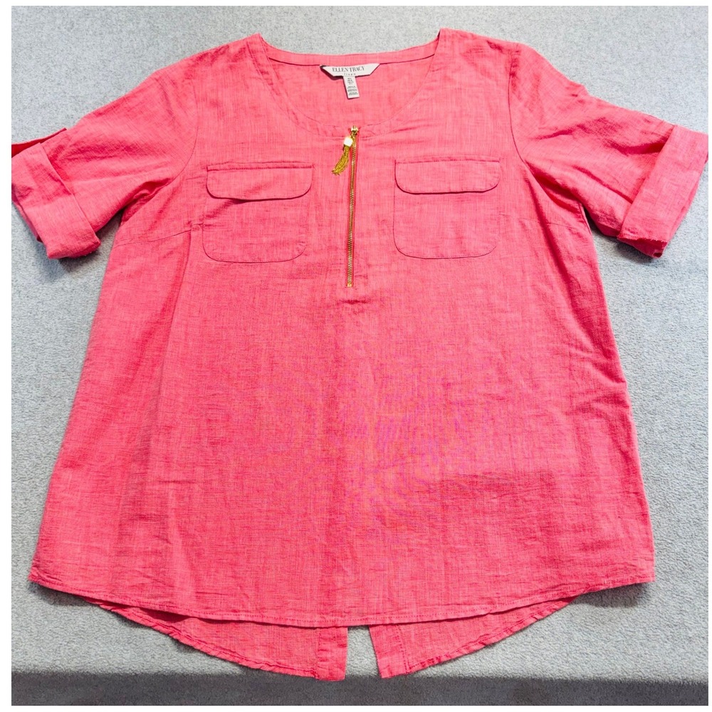 Ellen Tracy Womens L Coral Pink Linen Cotton Blouse Zip Utility Pocket Tunic
